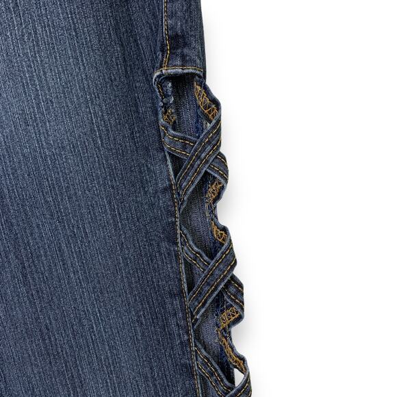 Zana Di Y2K Jeans Size 7 Flared Criss Cross Side Corset Cut Out Dark Wash 30X32 - Picture 3 of 8